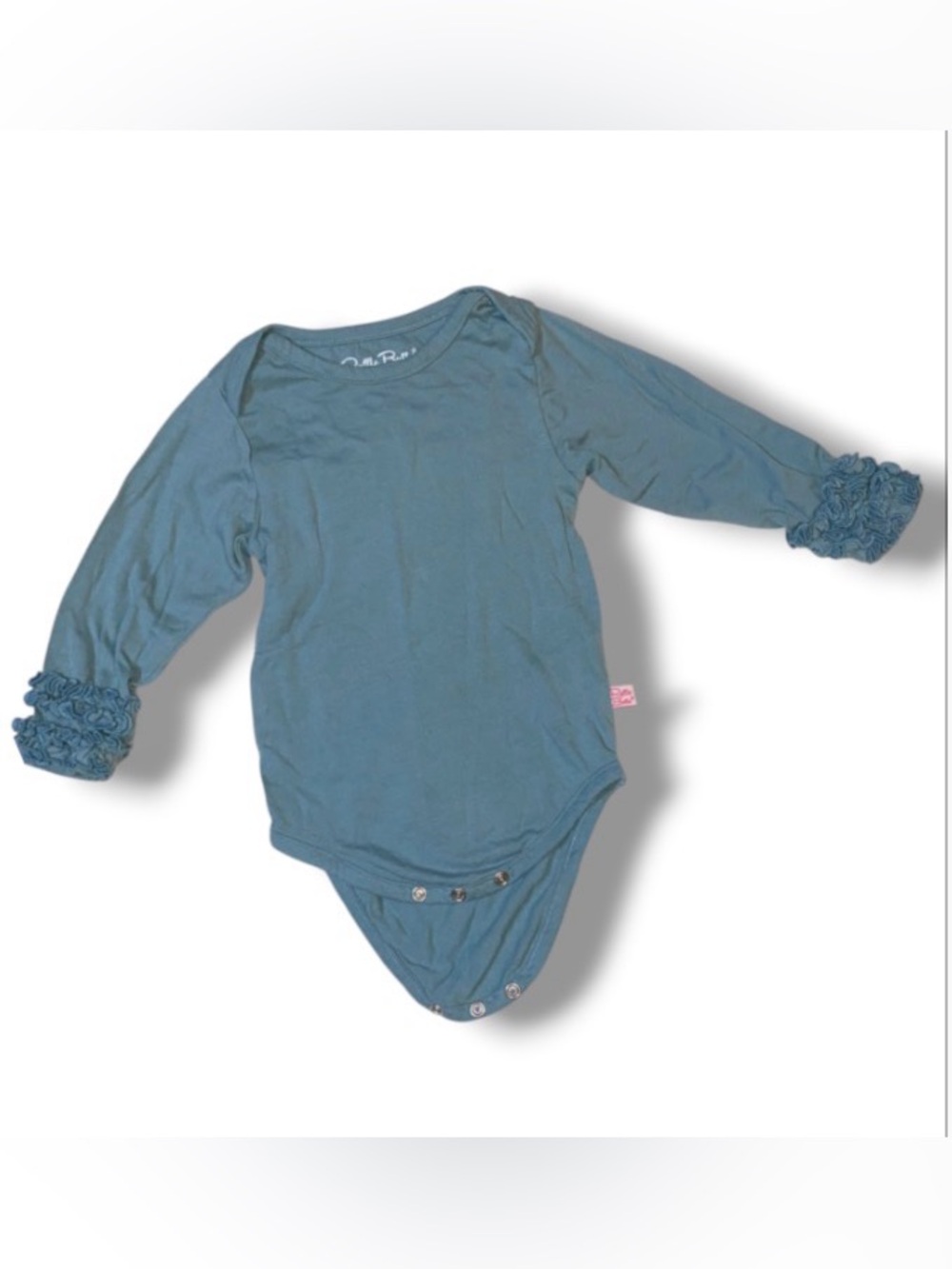 Ruffle Butts Long Sleeve Baby Bodysuit in Dusty Blue with Ruffle Cuffs